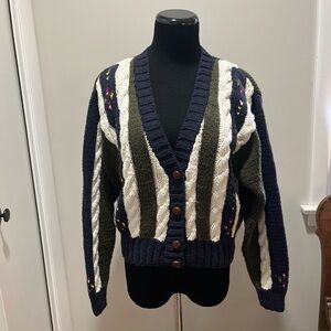 Vintage Womens Liz Sport Striped V Neck Cardigan Chunky Cable Petite hand knit
